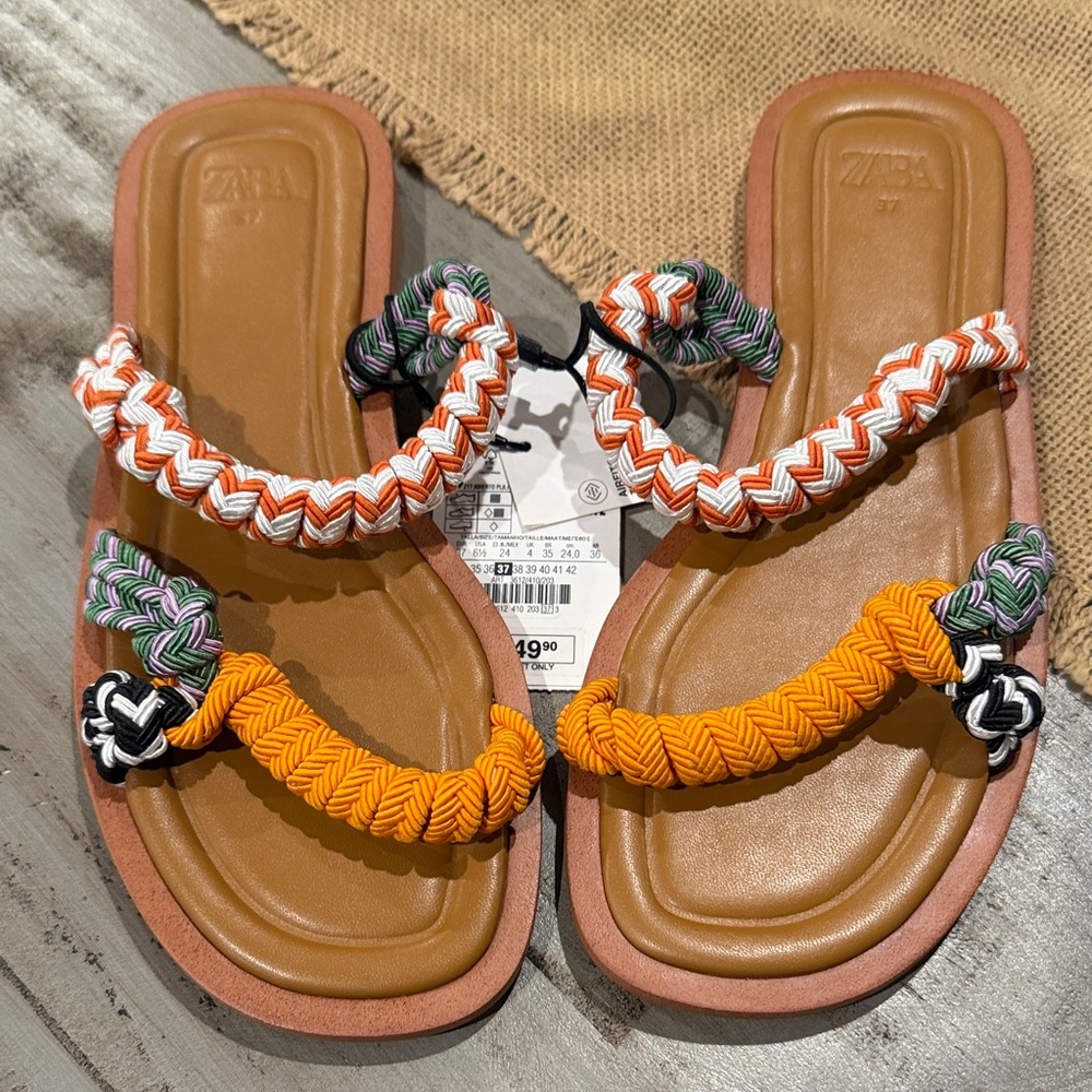Zara Braided Slide Sandals in Orange, Purple Green, Black & White NWT